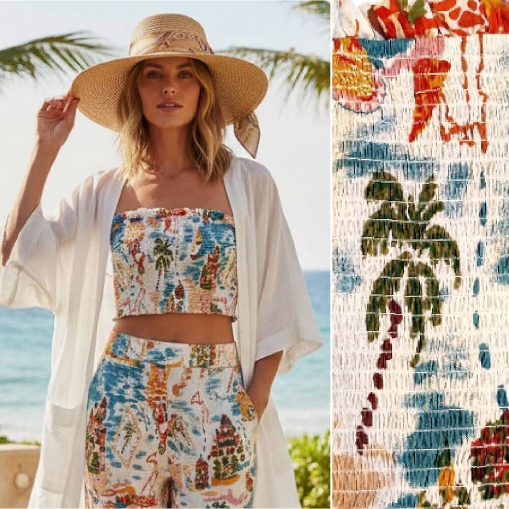 Club Z Collection Beach Tropical Strapless Cropped Smocked Tube Top Large NWT